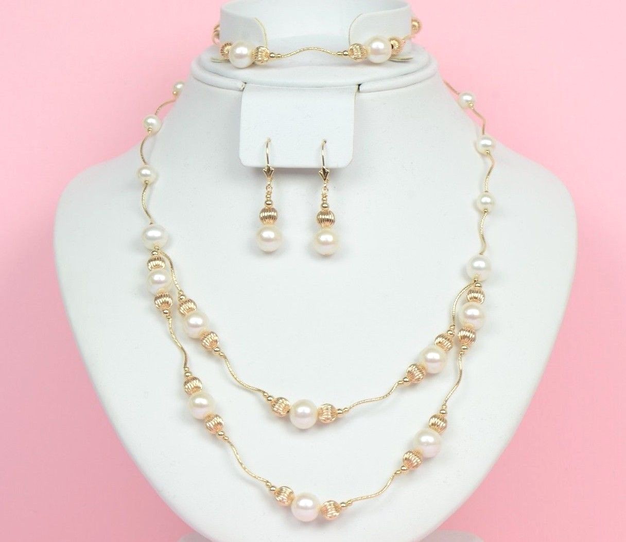 14K Yellow Gold Natural White genuine Pearl Necklace, Bracelet,  Earrings Set