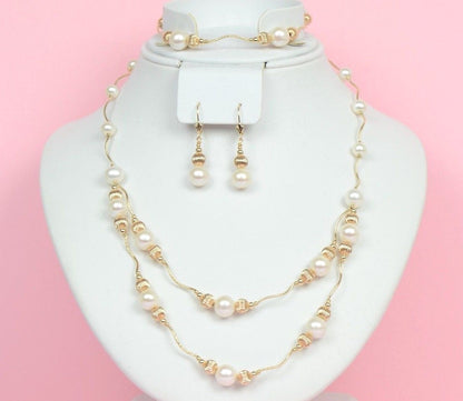 14K Yellow Gold Natural White genuine Pearl Necklace, Bracelet,  Earrings Set