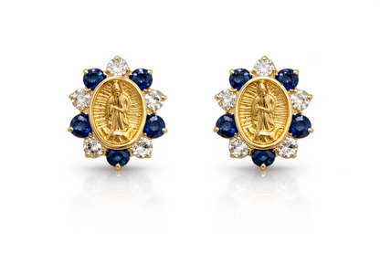 14K Yellow Gold Guadalupe Virgin Mary Screw Back CZ Stud Earrings