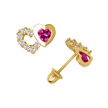 14K Yellow & White Gold Classic CZ Heart Shaped Stud Earrings for Women