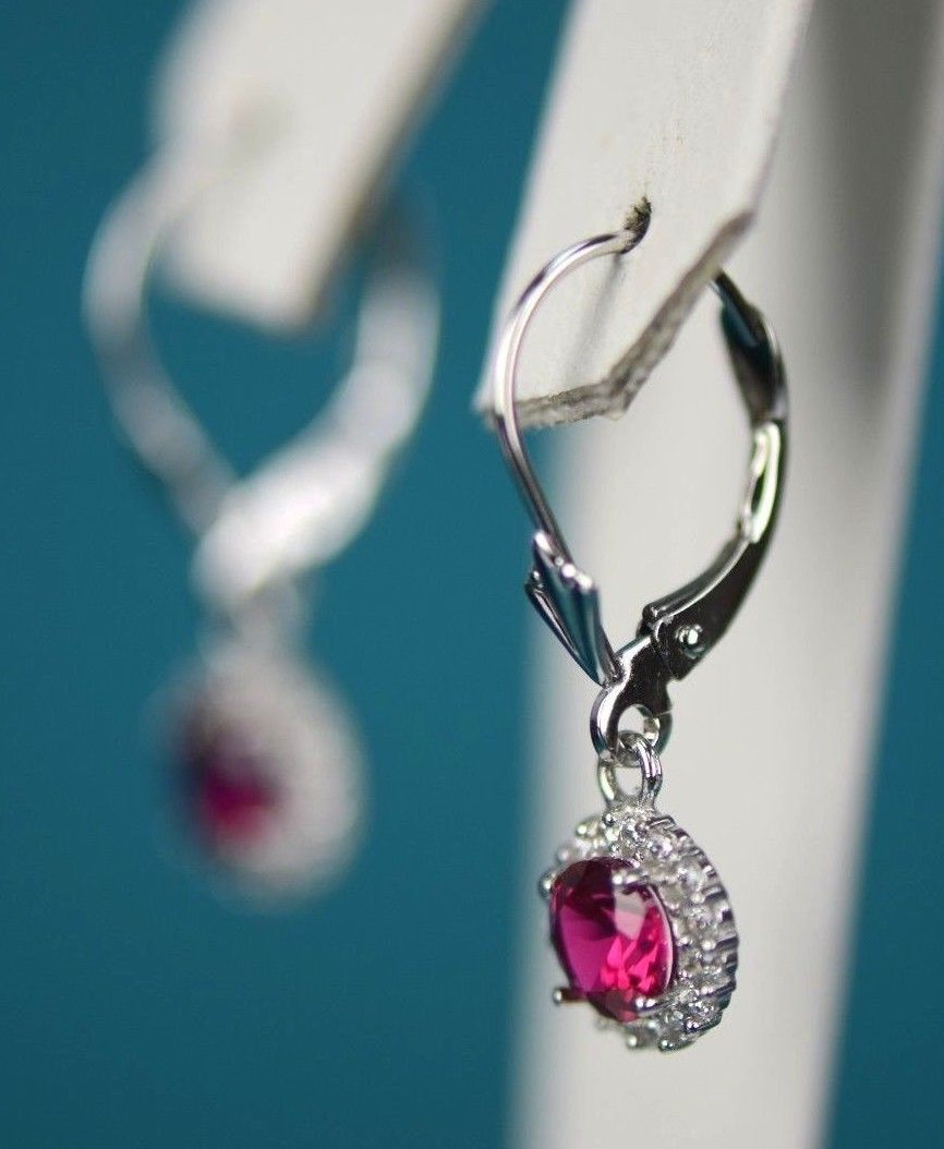 Sterling Silver 925  Halo Dangle Round Leverback Pierced Earrings Birthstone