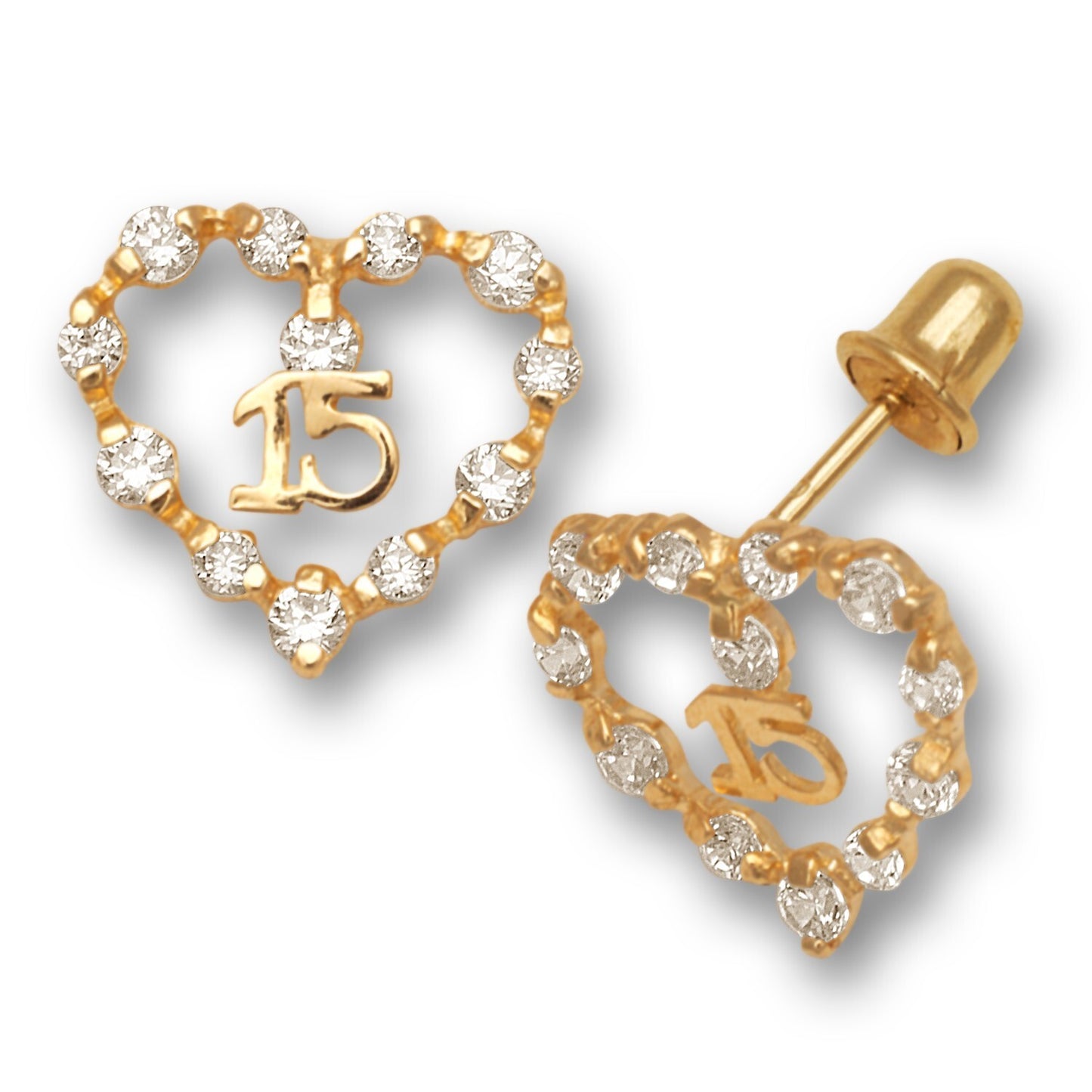 14K Yellow Gold Heart Shaped 15 Number kids Earrings