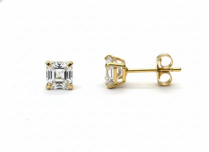 14K Yellow Gold Asscher Cut  Push Back Stud Earrings for Women