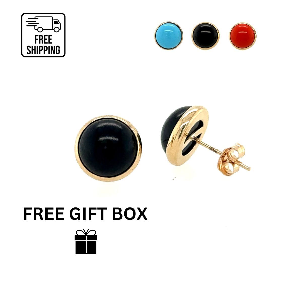 14K Yellow Gold Turquoise/Onyx/Coral Push Back Solitaire Stud Earrings