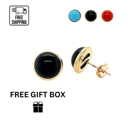 14K Yellow Gold Turquoise/Onyx/Coral Push Back Solitaire Stud Earrings
