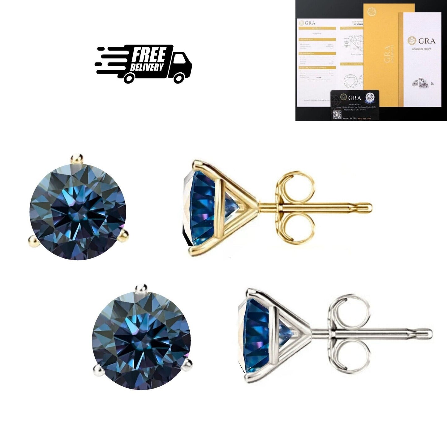 14K Gold GRA CertifiedD-VVS1 Blue Moissanite Martini PushBack Stud Earrings