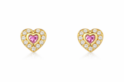 14k Solid Yellow Gold Halo Heart Stud Earrings