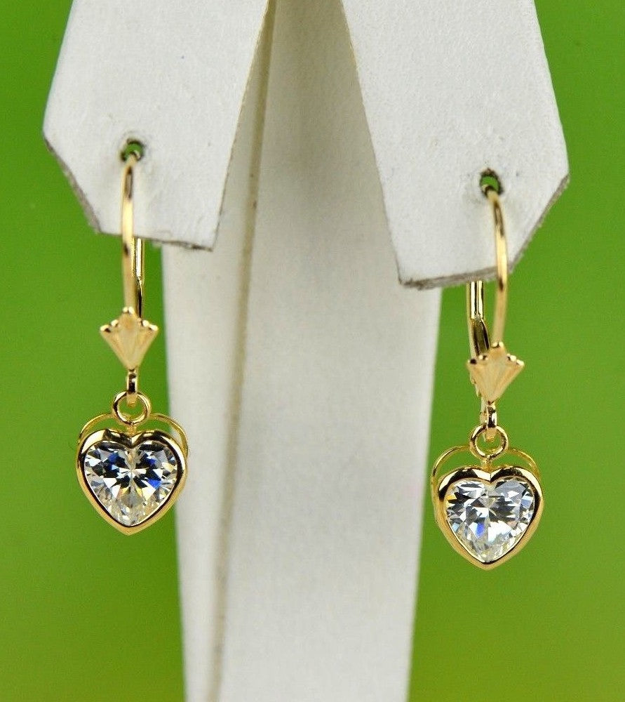 14k Yellow Gold Bezel Heart Birthstone Dangle Leverback Pierced Earrings  6x6 MM
