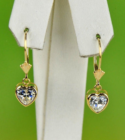 14k Yellow Gold Bezel Heart Birthstone Dangle Leverback Pierced Earrings  6x6 MM