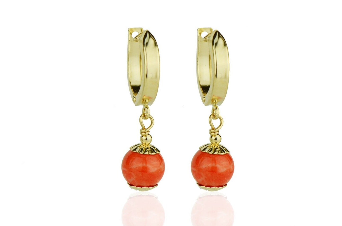 14k Yellow Gold Coral Huggie Dangle Earrings