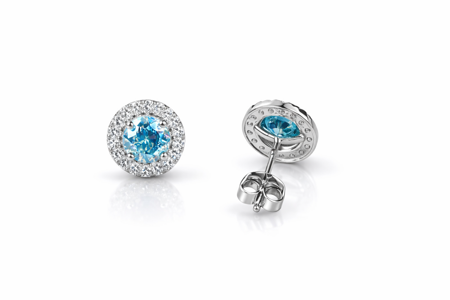 14k White Gold Cubic Zirconia Halo Round Stud Push Back Earrings