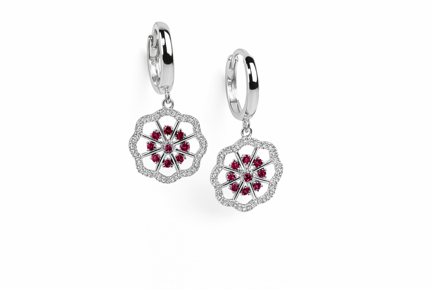 14k Yellow / White Gold Dangle CZ Flower Huggie Earrings
