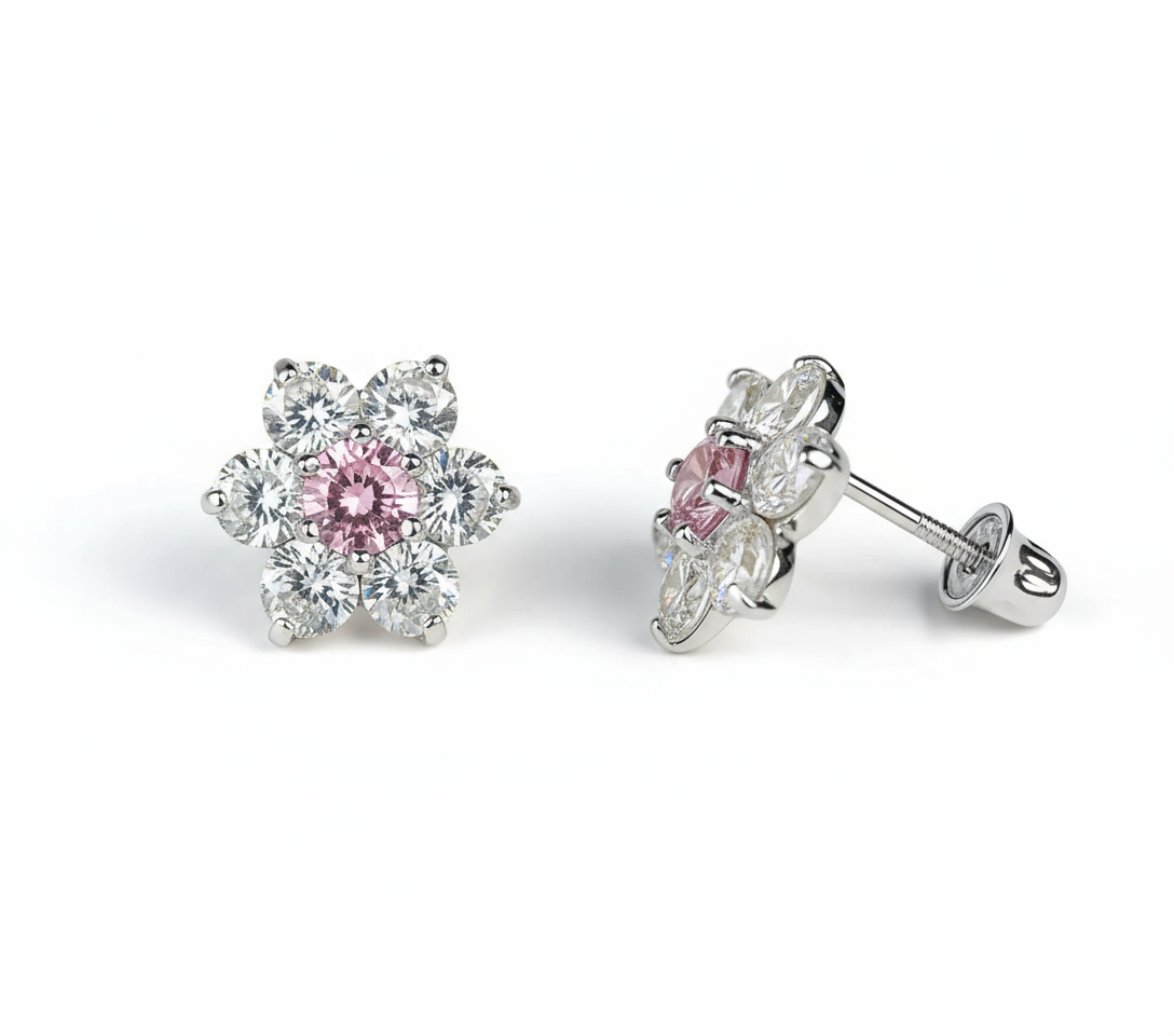 14k White Gold Beautiful Flower Shaped Stud Screw Back Earrings for Women