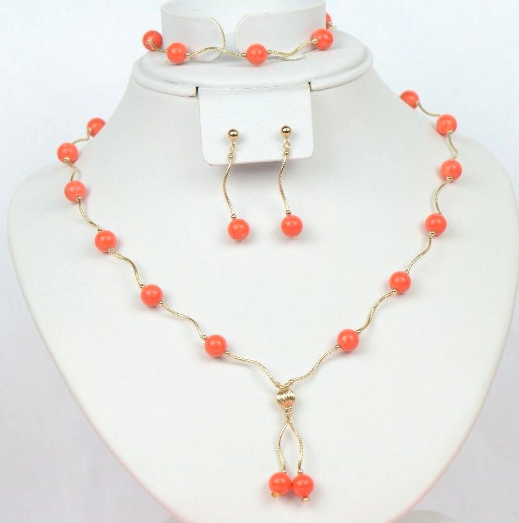 14k Yellow Gold Peach Coral 3pcs Set: Necklace, Bracelet, Earrings