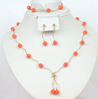 14k Yellow Gold Peach Coral 3pcs Set: Necklace, Bracelet, Earrings