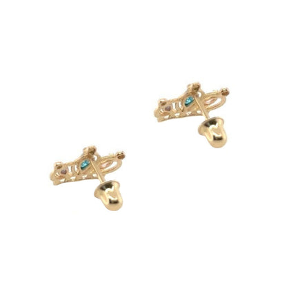14K Solid Yellow Gold Crown Screw Back CZ Stud Earrings