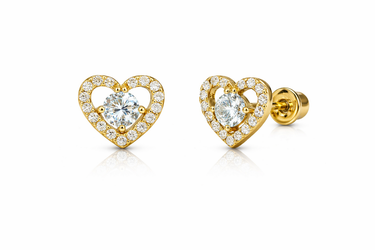 14k Solid Yellow and White Gold Heart Stud Earrings