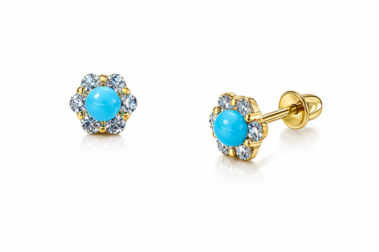 14k Yellow Gold Turquoise Stud Earrings/ Screw Back