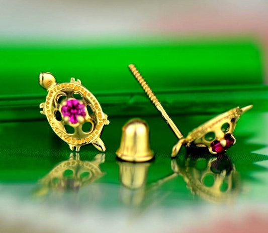 14k Yellow Gold Turtle CZ Stud Earrings Screw Back