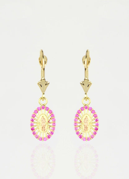 14k Yellow Gold CZ Guadalupe Oval Dangle Leverback Pierced Earrings