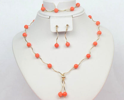 14k Yellow Gold Peach Coral 3pcs Set: Necklace, Bracelet, Earrings