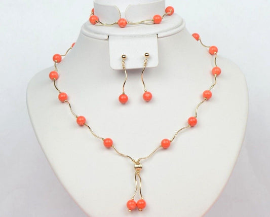 14k Yellow Gold Peach Coral 3pcs Set: Necklace, Bracelet, Earrings