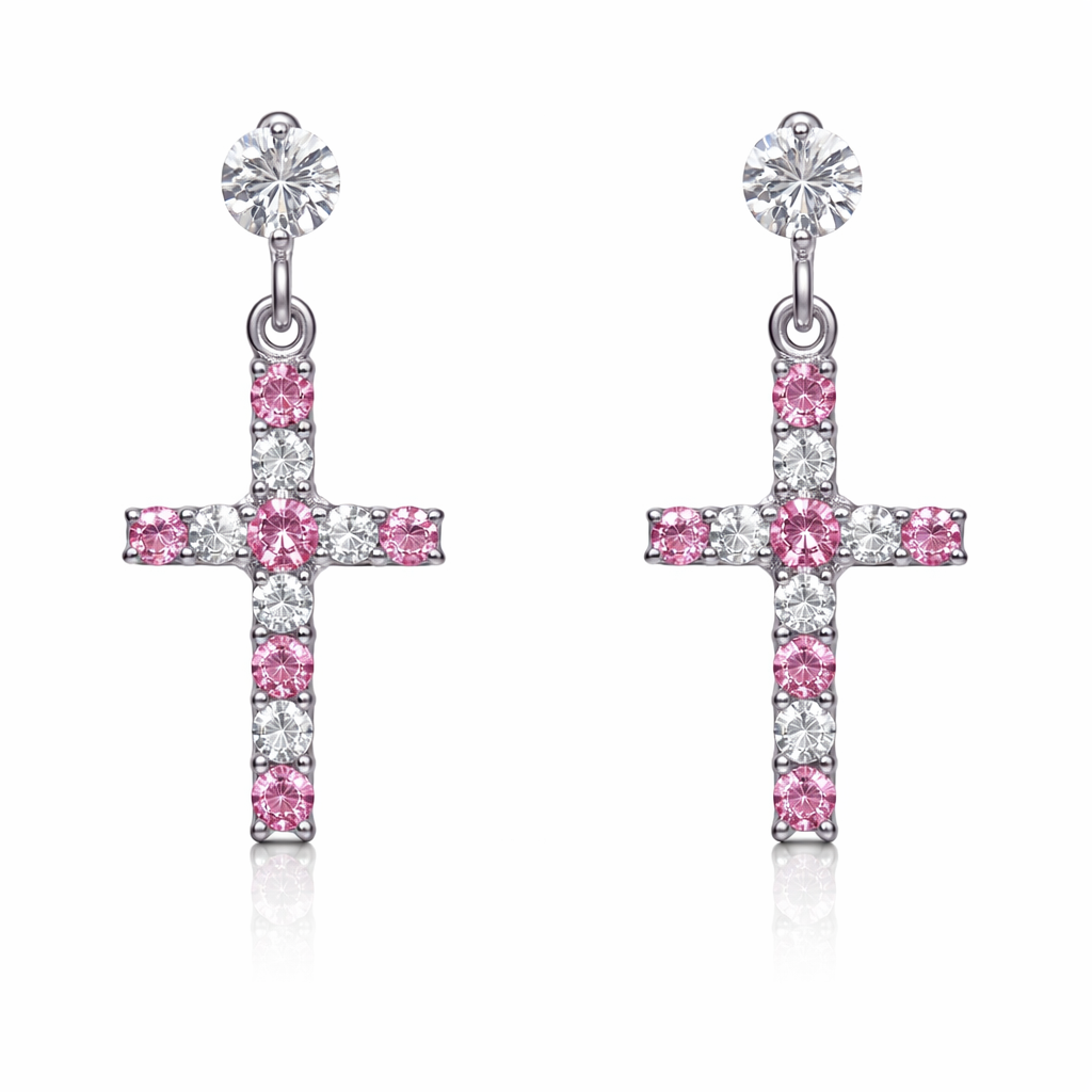 14K Yellow or White Gold Cubic Zirconia CZ Cross Dangle Earrings