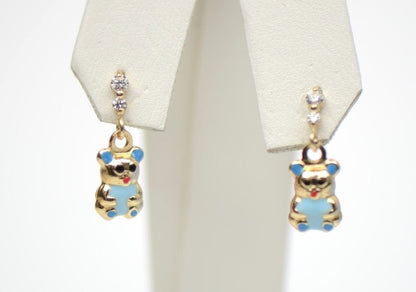14K Solid Yellow Gold Teddy Bear Dangle Earring with Enamel