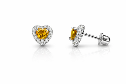 14K White Gold Halo Heart CZ Stud Earrings Screw Back