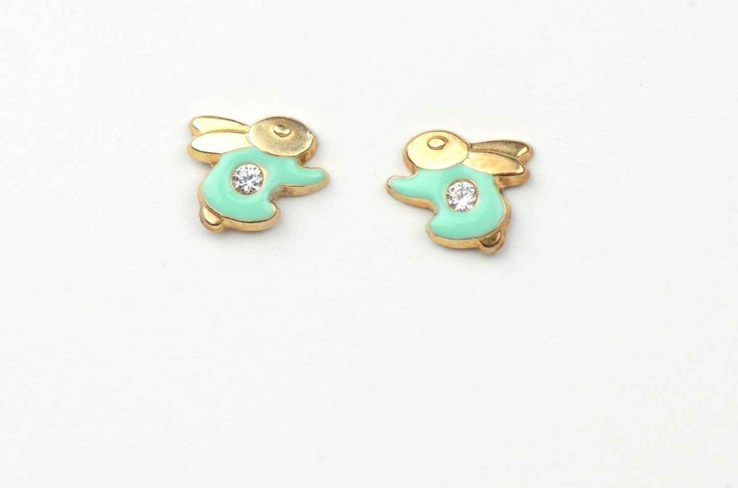 14k Yellow Gold Enamel and CZ Rabbit Baby earrings, Screw Back