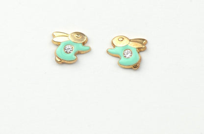 14k Yellow Gold Enamel and CZ Rabbit Baby earrings, Screw Back