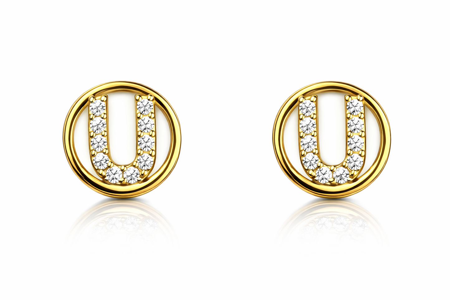 14k Yellow or White Gold Round Initial Letters CZ Stud Earrings