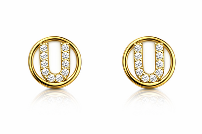 14k Yellow or White Gold Round Initial Letters CZ Stud Earrings