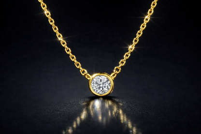 Round Solitaire Pendant Necklace Bezel Set Chain 14K Yellow/White/Rose Gold