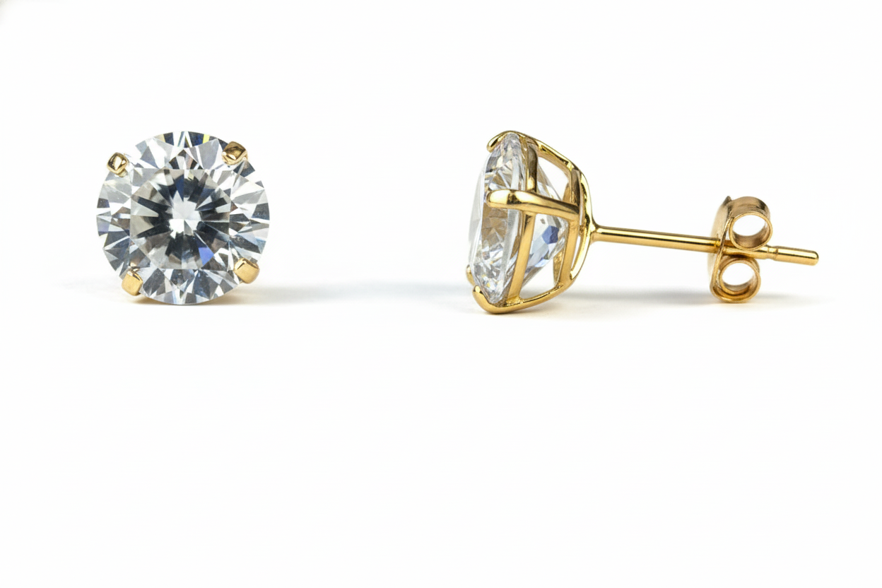 14K Yellow & White Gold Beautiful Round CZ Stud Earrings Basket Setting 2-10mm