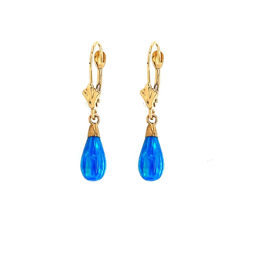 14k-Yellow and White Gold  Dangle Dark Blue Opal Leverback Earrings