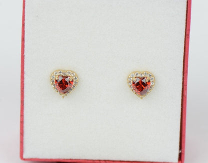 14k Solid Yellow Gold Halo Heart Stud Earrings with Push Back