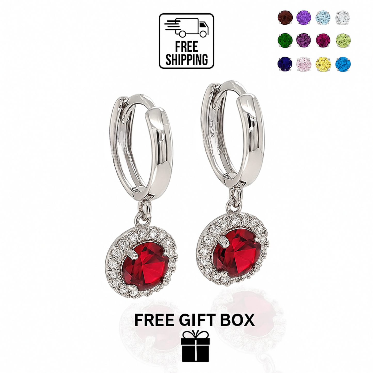 14k White Gold Halo Round Shaped pretty Birthstone Huggie Earrings for Women