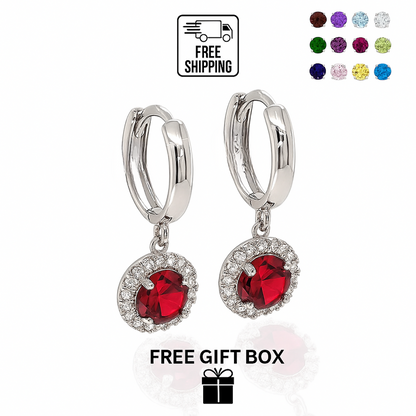 14k White Gold Halo Round Shaped pretty Birthstone Huggie Earrings for Women