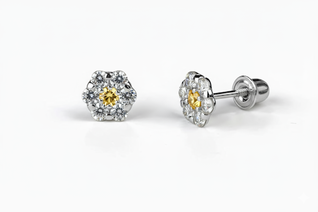 14K White Gold Flower Shaped  Screw Back Stud Earrings for Women