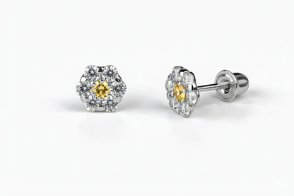 14K White Gold Flower Shaped  Screw Back Stud Earrings for Women