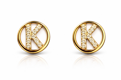 14k Yellow or White Gold Round Initial Letters CZ Stud Earrings