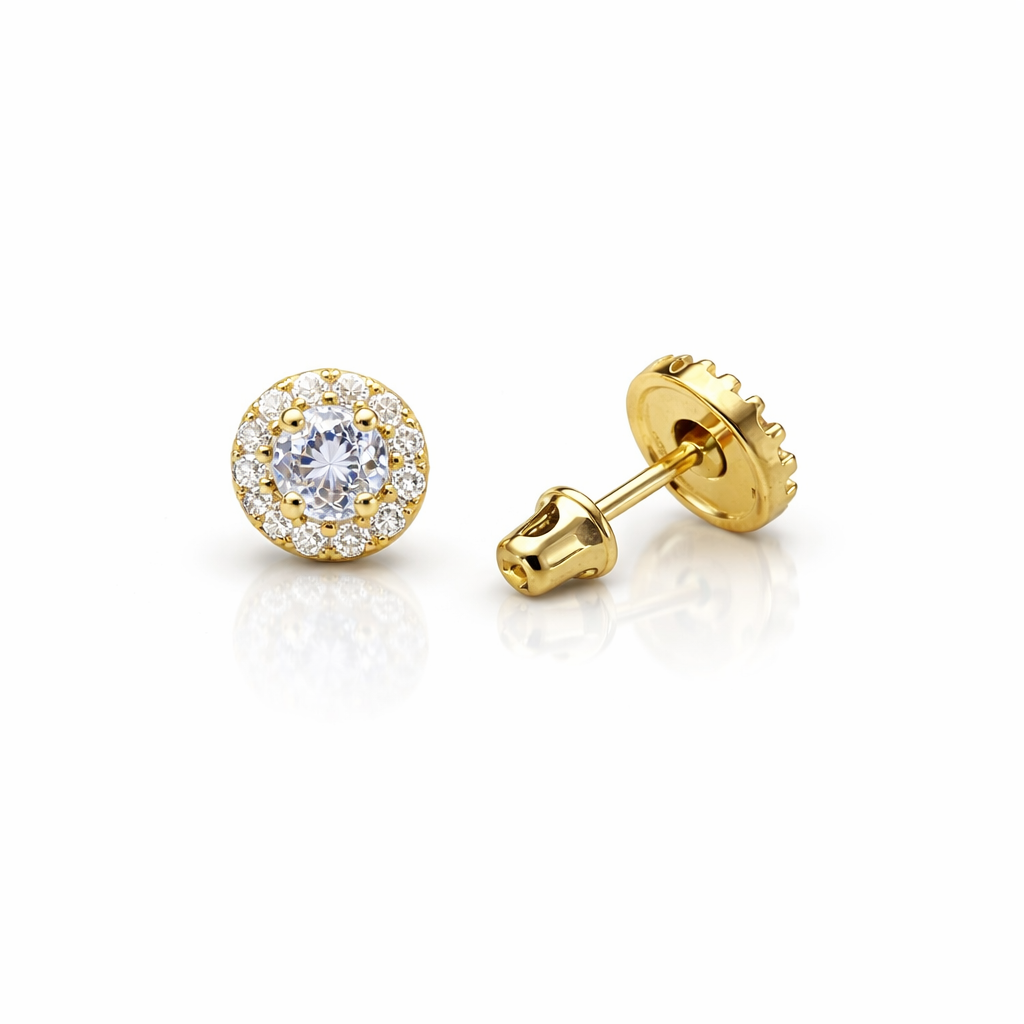 14k Yellow Gold Halo Stud Earrings with Screw  Back