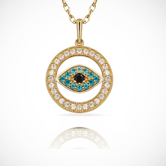 14k Yellow Gold & White Gold CZ Round Evil Eye Pendant For Women