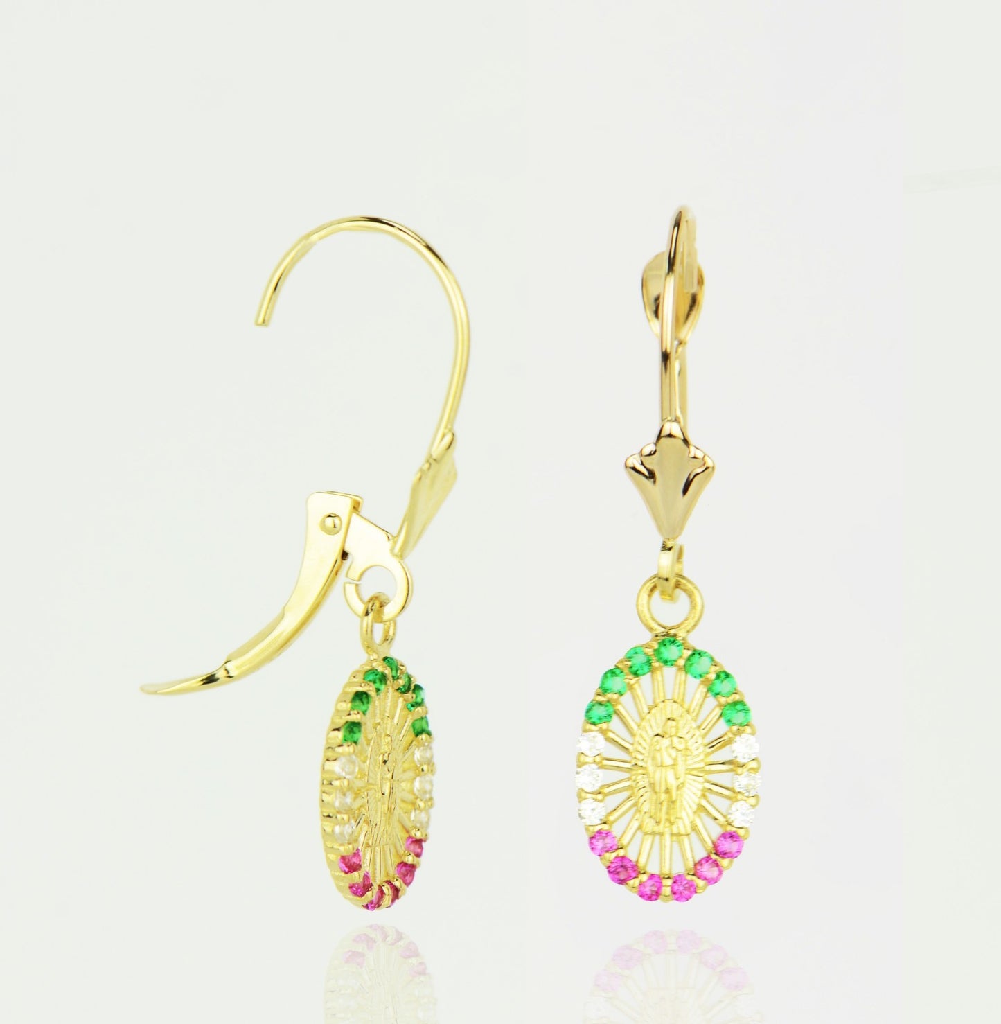 14k Yellow Gold CZ Guadalupe Oval Dangle Leverback Pierced Earrings