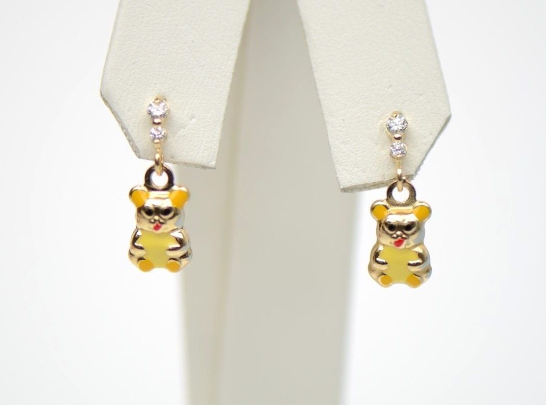 14K Solid Yellow Gold Teddy Bear Dangle Earring with Enamel
