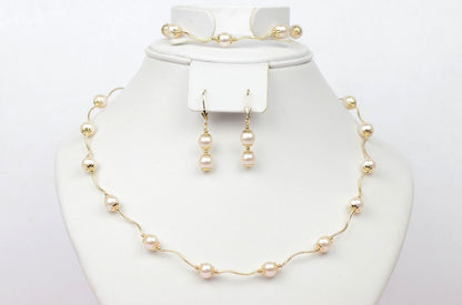 14k Yellow Gold Genuine White Pearls 3pcs Women Set:Necklace, Bracelet, Earrings