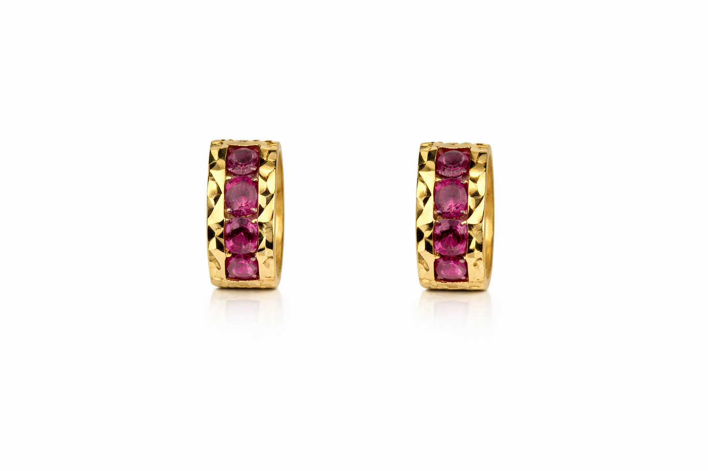 14k Yellow Gold Diamond Cut with Ruby CZ Huggie Earrings