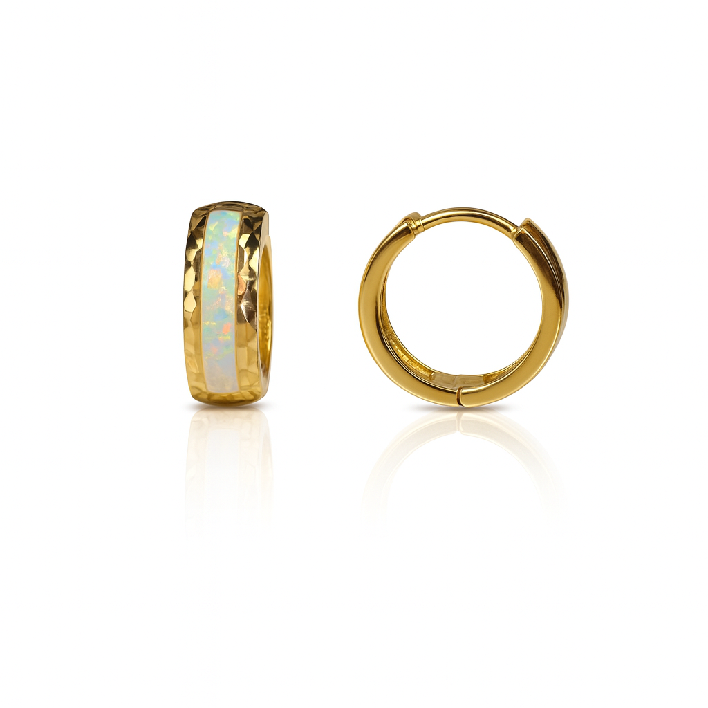 14k Yellow Gold White Opal Huggie Hoop Earrings