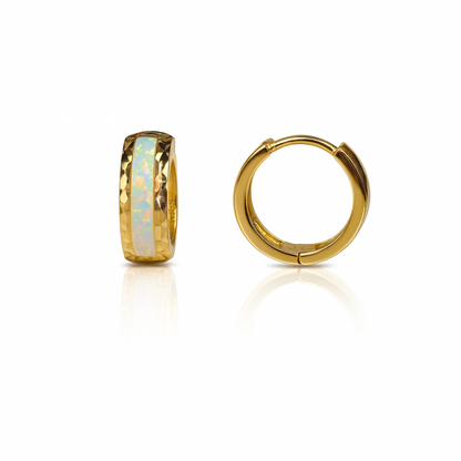 14k Yellow Gold White Opal Huggie Hoop Earrings